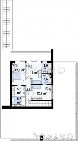 Проект современного двухэтажного дома из газобетона с плоской крышей необычного дизайна, с большими террасами на обоих уровнях, подходит для участка со склоном / План 2 этажа