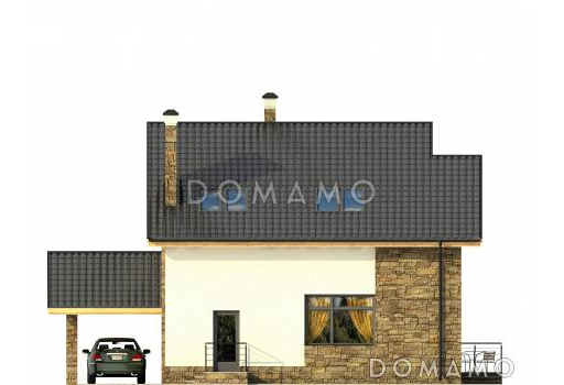 Проект уютного загородного дома с парной в цокольном этаже, навесом для машины, тремя спальнями на мансардном этаже / Фасад 4