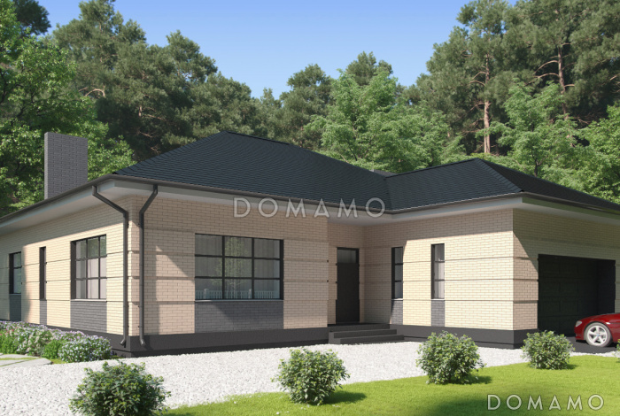 Проект одноэтажного дома с широкой террасой, кухней-столовой, гаражом