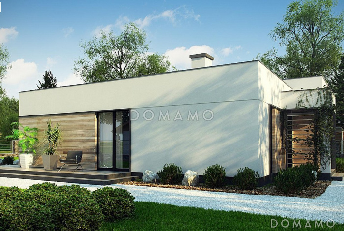 Проект современного одноэтажного дома из кирпича с плоской крышей с тремя спальнями и частично крытой террасой