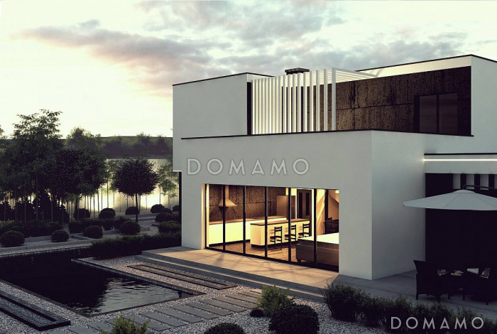 Проект современного двухуровневого дома из кирпича с несколькими террасами, двухместным гаражом и навесом