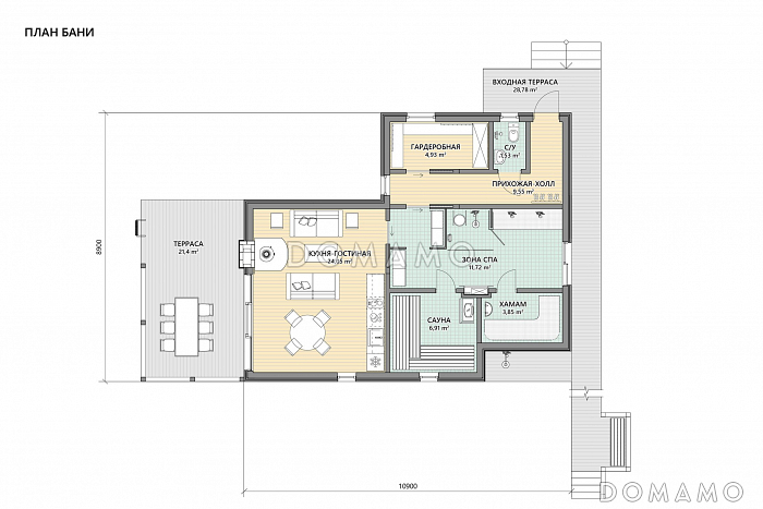 Проект банного комплекса с сауной, хамамом и двумя террасами / План 1 этажа