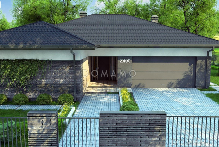 Проект просторного стильного одноэтажного дома из кирпича с тремя спальнями, гаражом и крытой террасой