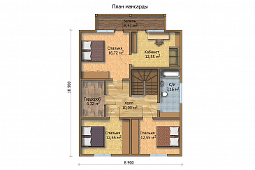 Проект деревянного дома с кухней, столовой и гостиной / План мансардного этажа