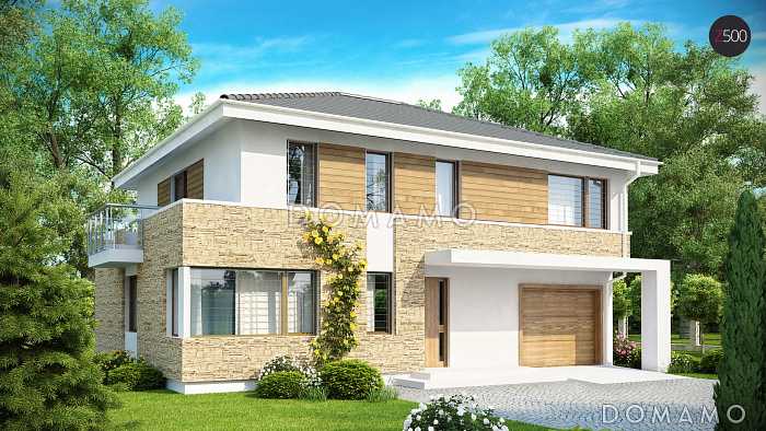 Проект современного двухэтажного дома из газобетона, адаптированного под сейсмику, с четырьмя спальнями, балконом и встроенным гаражом 