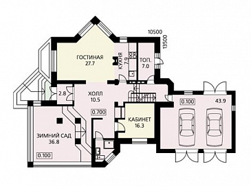 Проект дома гостиная с гаражом на два автомобиля, необычным двугранным эркером и зимним садом / План 1 этажа