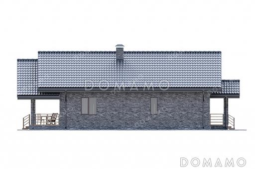 Проект выразительного одноэтажного дома с двухскатной крышей в разных уровнях, большой террасой и вторым светом / Фасад 1