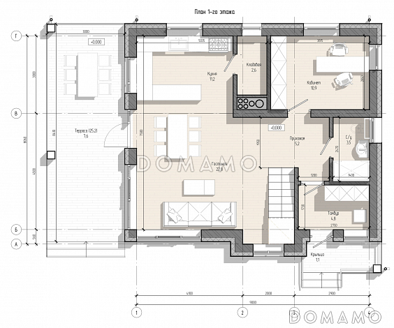 Проект двухэтажного дома из газобетона с кабинетом на первом этаже, тремя спальнями и балконом / План 1 этажа