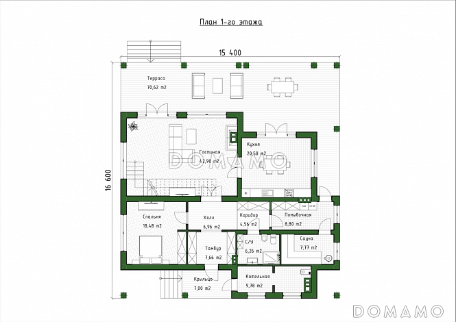 Проект дома с мансардой, вторым светом, балконом и крытой террасой / План 1 этажа