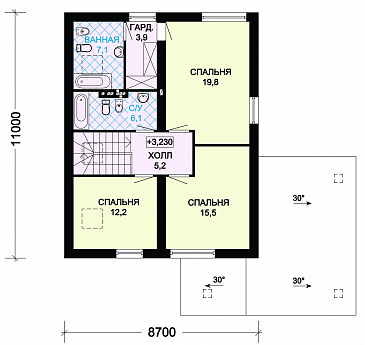 Проект загородного дома из СИП панелей с мансардой и навесом для машины / План мансардного этажа