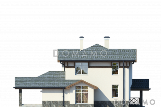 Проект загородного дома с навесом на одну машину, крытой террасой, большой гостиной, вытянутой кухней, французским балконом / Фасад 4