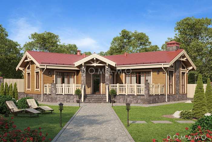 Проект бани с большой террасой, зоной барбекю и гостиной