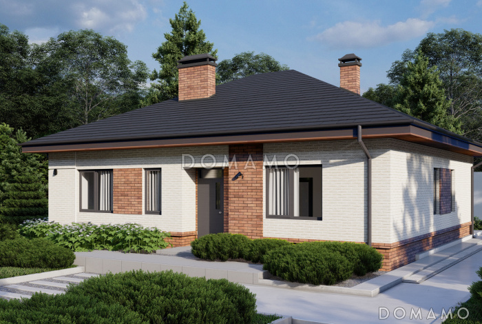 Проект одноэтажного дома с террасой, двумя санузлами, кухней и гостиной без перегородки