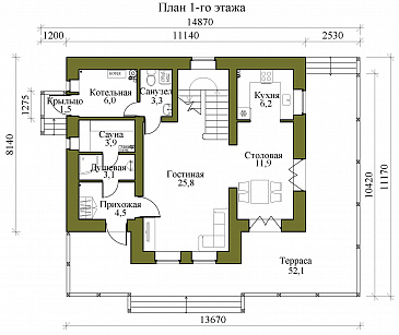 Проект двухэтажного газобетонного дома со вторым светом, просторной крытой террасой и сауной / План 1 этажа