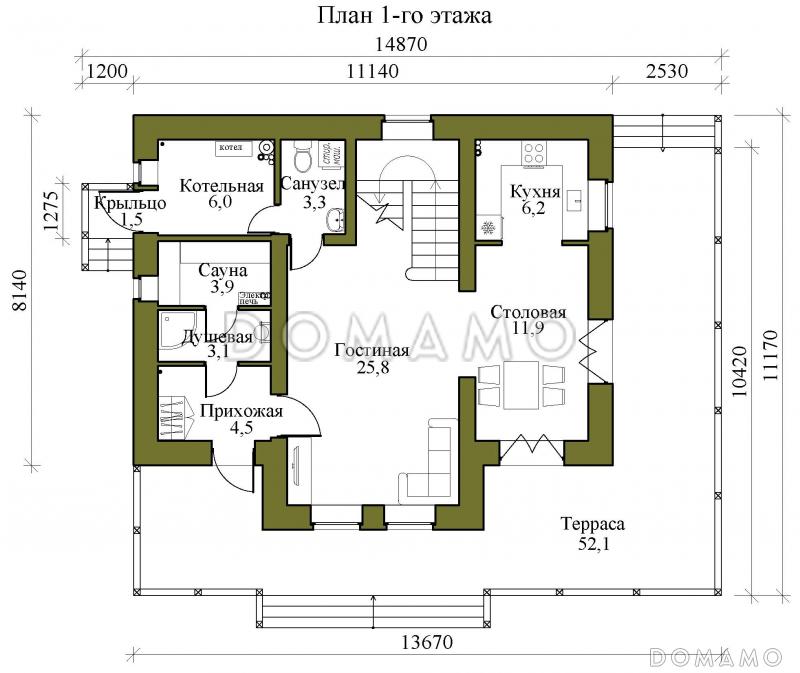 Проект двухэтажного газобетонного дома со вторым светом, просторной крытой террасой и сауной / План 1 этажа
