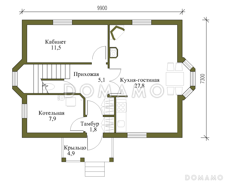 Проект увеличенного экономичного коттеджа. / План 1 этажа