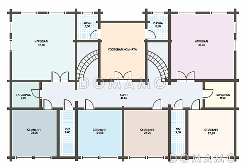 Проект двухэтажного дома из клееного бруса с колоннами и большой верандой / План 2 этажа