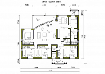 Проект газобетонного дома с двускатной крышей, панорамным округлым остеклением / План 1 этажа