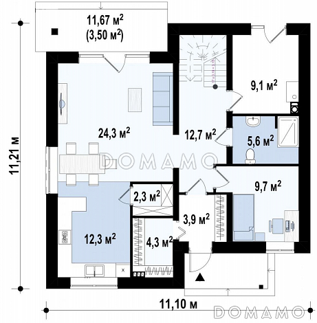 Проект современного двухэтажного дома из газобетона с четырьмя комнатами, большим тех помещением и балконом / План 1 этажа