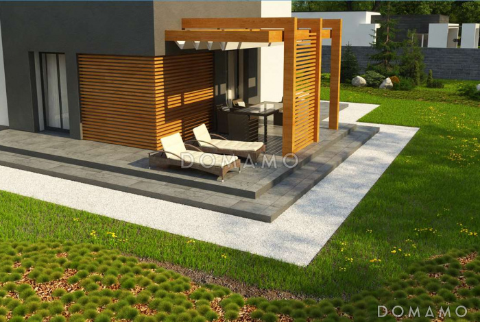 Проект двухэтажного дома из газобетона с плоской крышей, со спальной зоной и террасой на втором этаже и гаражом