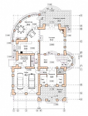 Проект коттеджа в стиле модерн с гаражом, зимним садом и сауной / План 1 этажа