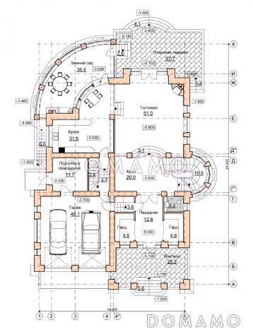 Проект коттеджа в стиле модерн с гаражом, зимним садом и сауной / План 1 этажа