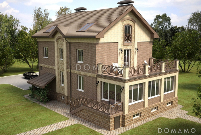 Проект большого кирпичного коттеджа с верандой, сауной и СПА-залом