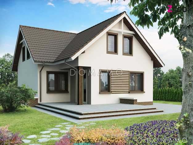 Проект одноэтажного мансардного дома из газобетона с балконом над входом