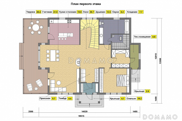 Проект кирпичного дома с 4 спальнями / План 1 этажа