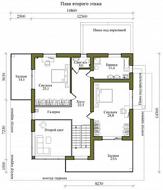 Проект двухэтажного каркасного дома в стиле хай-тек с масштабным остеклением, вторым светом и спортзалом / План 2 этажа