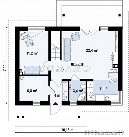 Проект компактного одноэтажного мансардного дома из газобетона с кабинетом и тремя спальнями и большой котельной / План 1 этажа