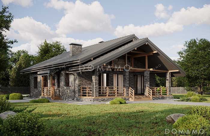 Проект выразительного одноэтажного дома с двухскатной крышей в разных уровнях, большой террасой и вторым светом