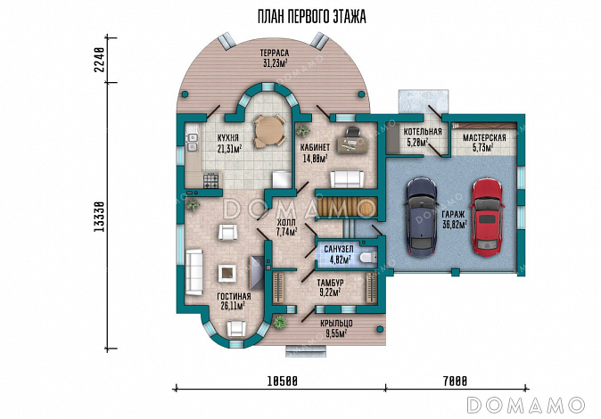Проект дома-замка с гаражом на два автомобиля, башенкой и полукруглой террасой / План 1 этажа