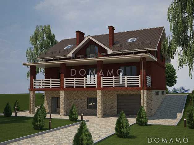 Проект дома с мансардным и цокольным этажом, с гаражом и крытой террасой на втором этаже