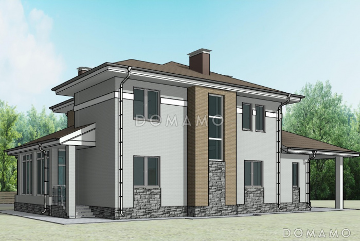 Проект двухэтажного дома с крытой террасой, ломаной гостиной, просторным холлом с выходом на лоджию