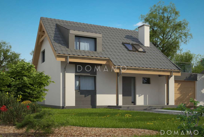 Проект одноэтажного мансардного дома из кирпича с пристроенным гаражом и террасой над ним