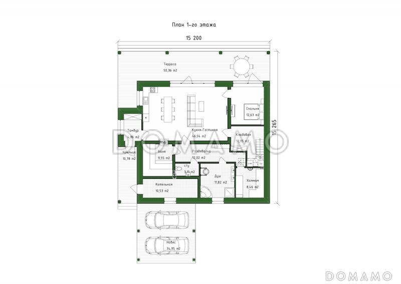 Проект большого дома с сауной, хамамом, двусветной гостиной и навесом на 2 авто / План 1 этажа