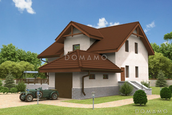 Проект дома с треугольным эркером и гаражом на одну машину