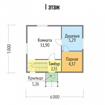 Проект бани из клееного бруса 6х5 с мансардой / План 1 этажа