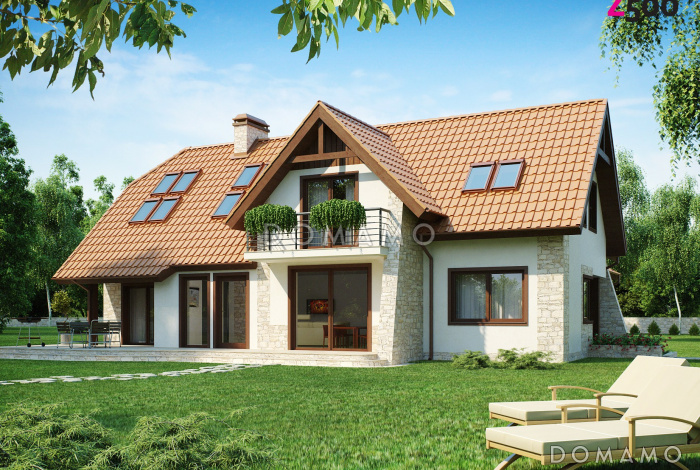 Проект просторного мансардного коттеджа из газобетона с пятью спальнями, кабинетом и гаражом