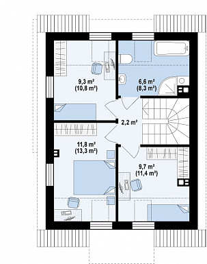 Проект компактного одноэтажного мансардного дома из кирпича с просторной светлой гостиной / План мансардного этажа