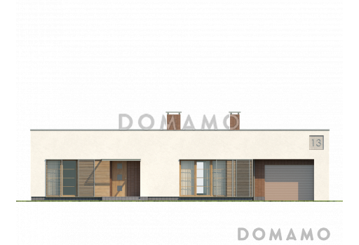 Проект современного одноэтажного дома из кирпича с плоской крышей, тремя спальнями и гаражом / Фасад 3