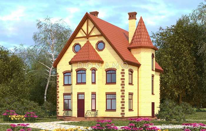 Проект трехэтажного дома с башней, верандой и функциональными чердачными помещениями