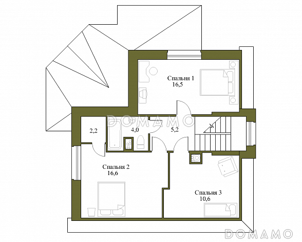 Проект коттеджа с вальмовой крышей и террасой. / План мансардного этажа