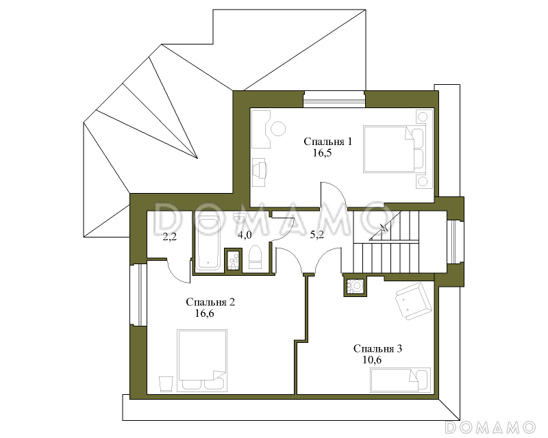Проект коттеджа с вальмовой крышей и террасой. / План мансардного этажа