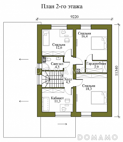Проект двухэтажного газобетонного дома с гаражом на два машиноместа, тремя спальнями и кабинетом на втором этаже / План 2 этажа