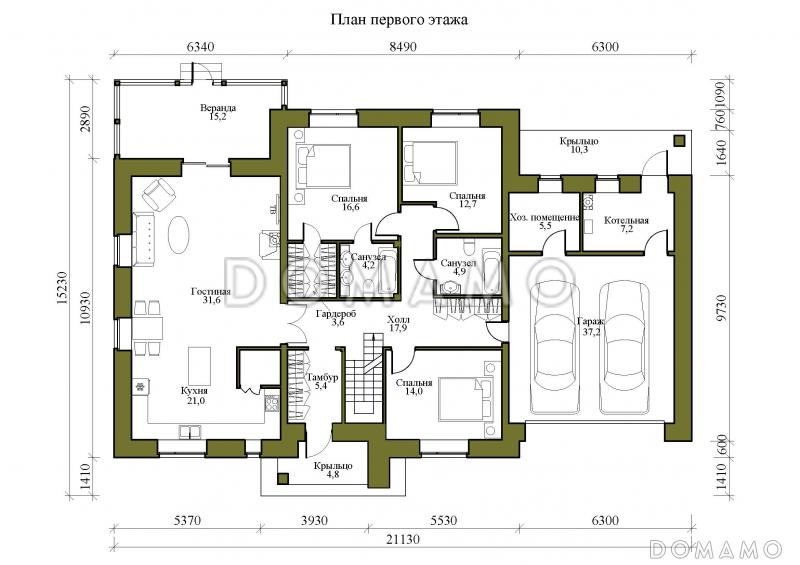 Проект одноэтажного дома с мансардой, верандой и гаражом на 2 машины / План 1 этажа