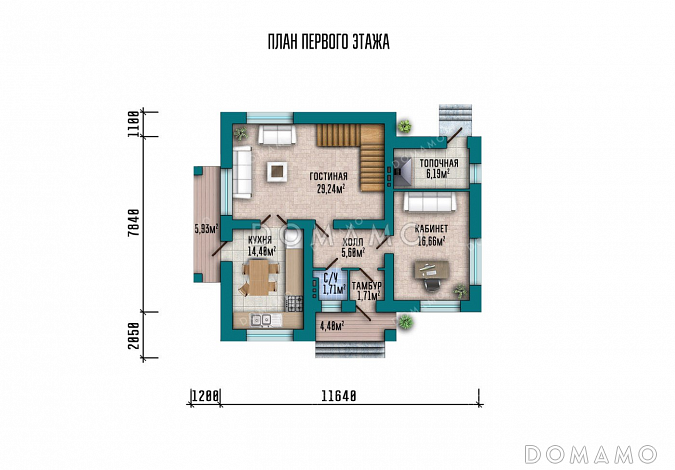 Проект одноэтажного дома с большой гостиной и мансардой / План 1 этажа