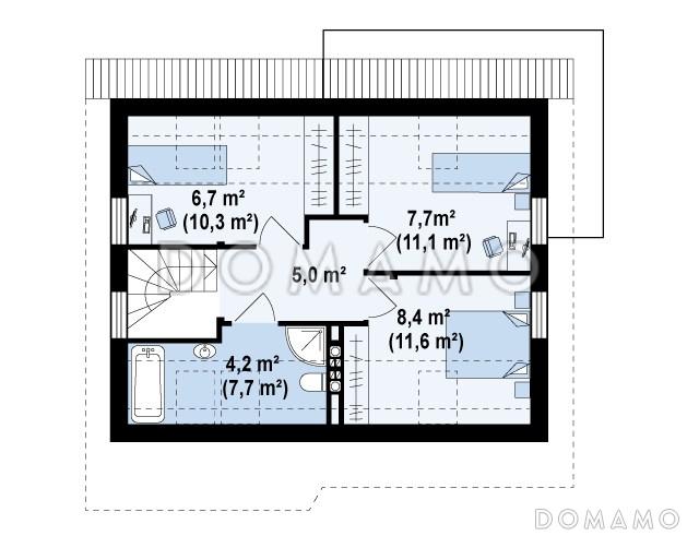 Проект компактного одноэтажного мансардного каркасного дома с кабинетом на первом этаже и тремя спальнями на мансарде / План мансардного этажа