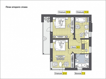 Проект частного дома из СИП панелей с навесом для автомобиля, панорамными окнами в кузне-столовой, длинным балконом на мансардном этаже / План мансардного этажа